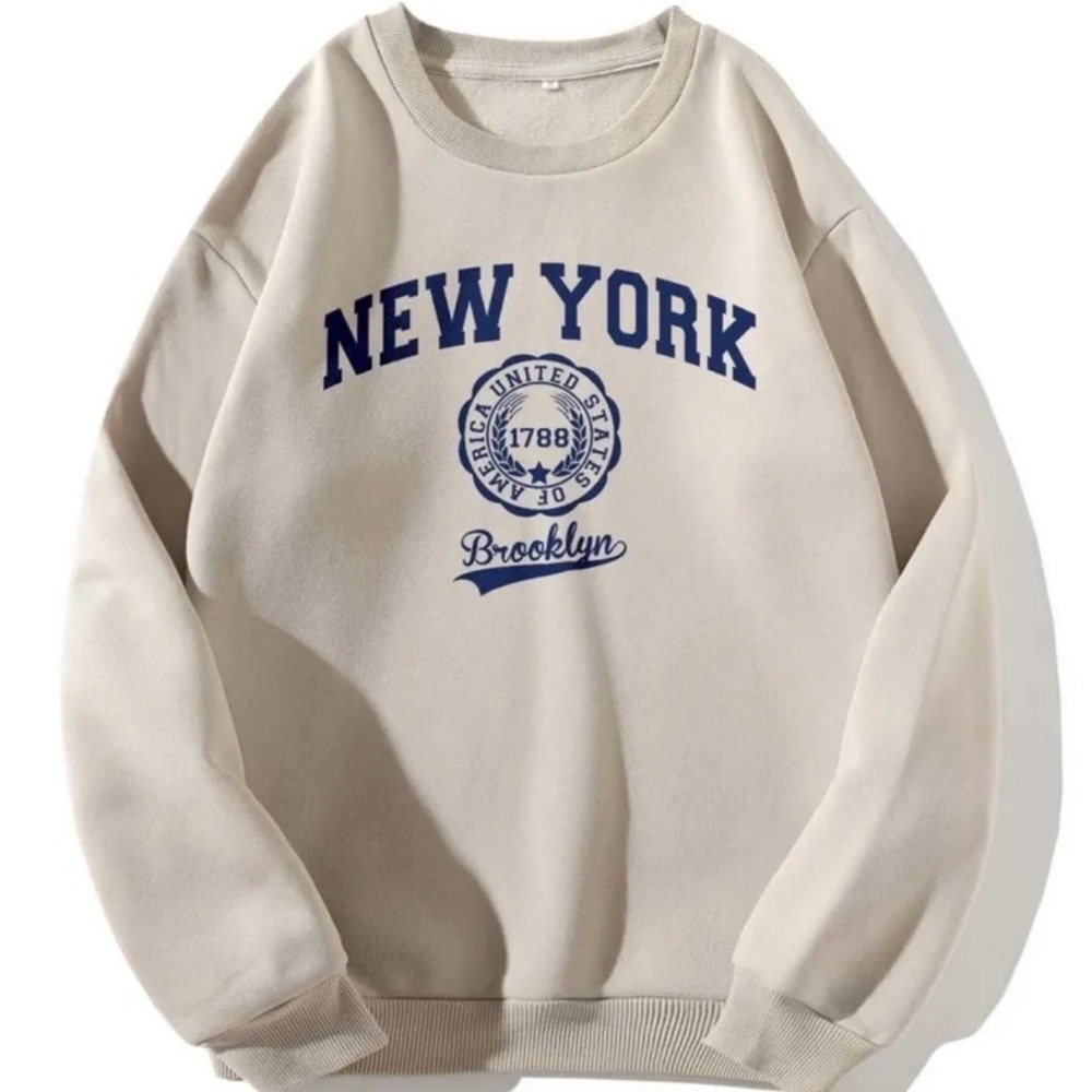 SHEIN Cream Crewneck Sweatshirt with Navy New York Graphic